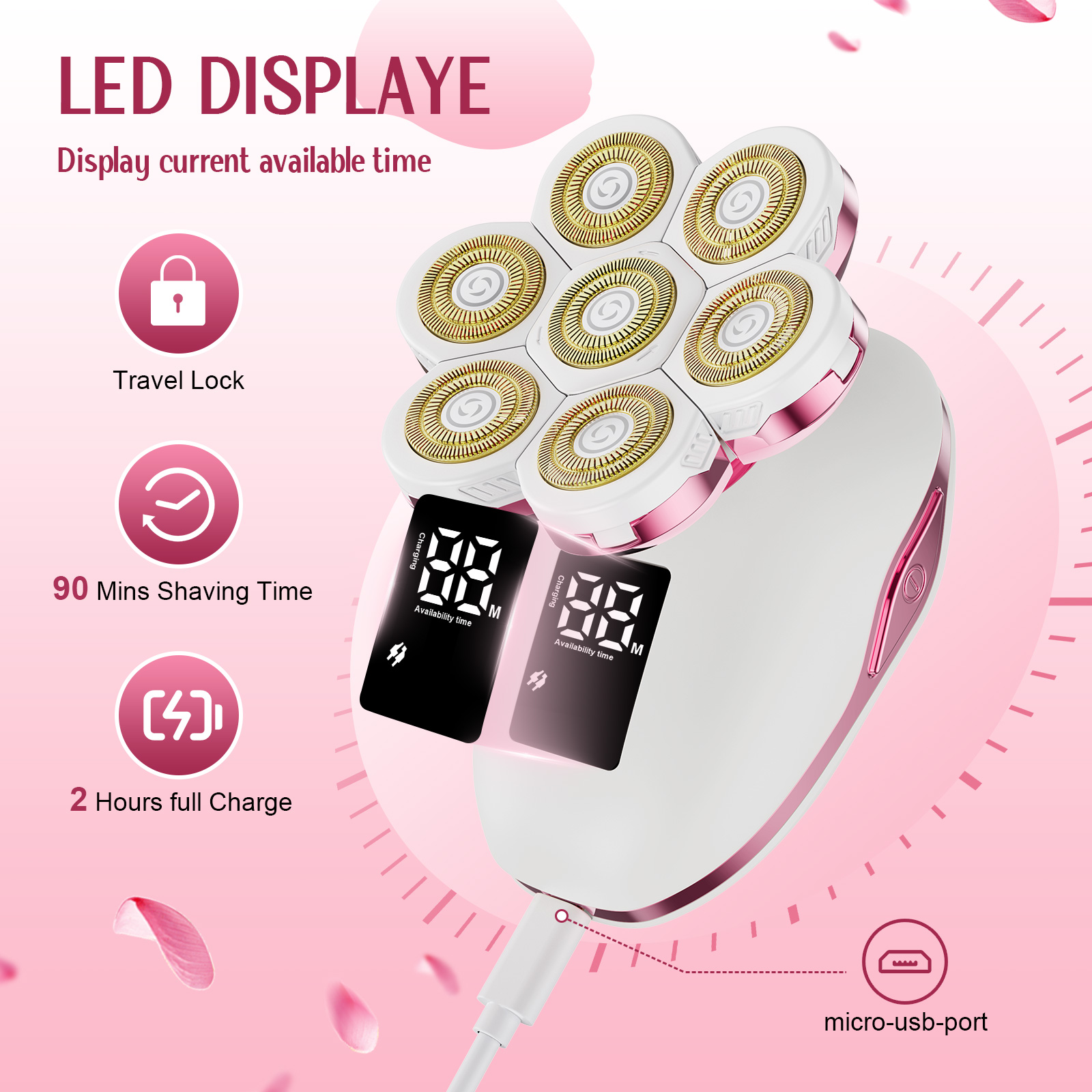 KVYESR Electric Razors for Women, 7D Floating Head Cordless Shaver, Wet/Dry Painless Hair Remover with Detachable Head, Waterproof for Face, Legs, Underarm, Ideal Gift - 图片 3
