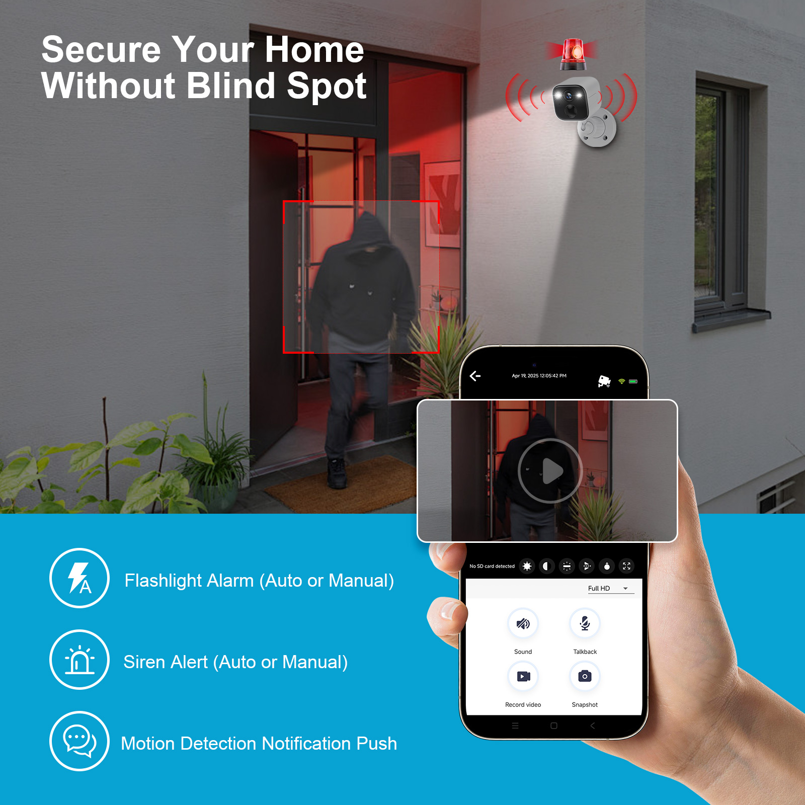 Security Cameras Wireless Outdoor, Battery Powered WiFi Camera for Home Security, 2K Color Night Vision, AI Motion Detection, IP65 Waterproof, 2-Way Audio, Spotlight & Siren, Cloud/SD Storage - 图片 6
