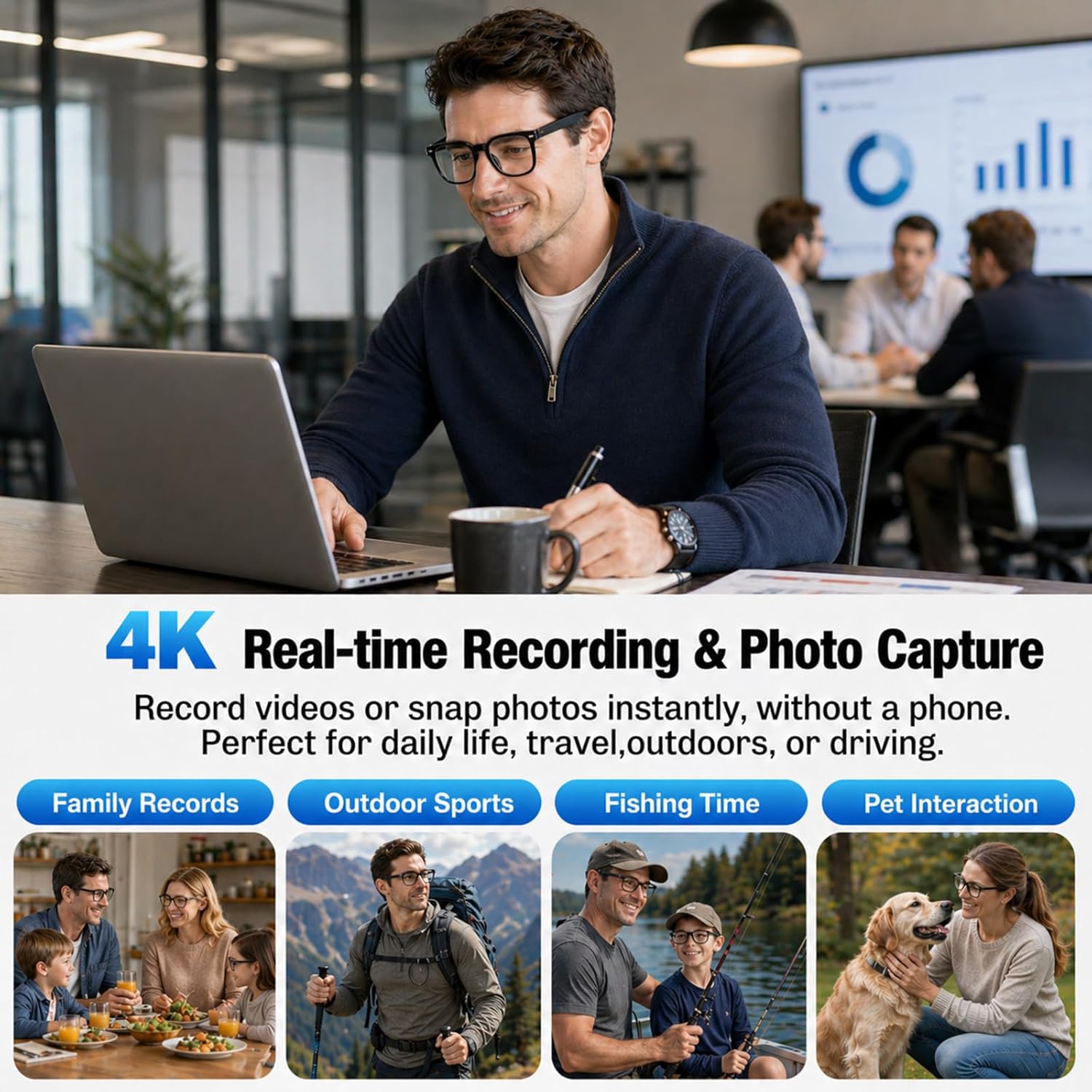 Plunthorn AI Smart Glasses with Camera, 4K HD Video & Photo Capture, Real-Time Translation, Recording Glasses with AI Assistant, Open-Ear Audio, Object Recognition, Bluetooth, for Travel (Transparent Lens) - 图片 3