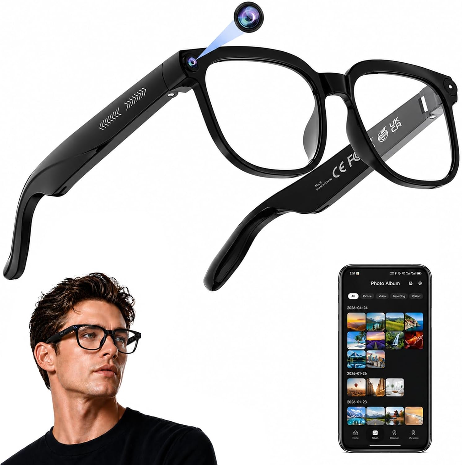 Plunthorn AI Smart Glasses with Camera, 4K HD Video & Photo Capture, Real-Time Translation, Recording Glasses with AI Assistant, Open-Ear Audio, Object Recognition, Bluetooth, for Travel (Transparent Lens)